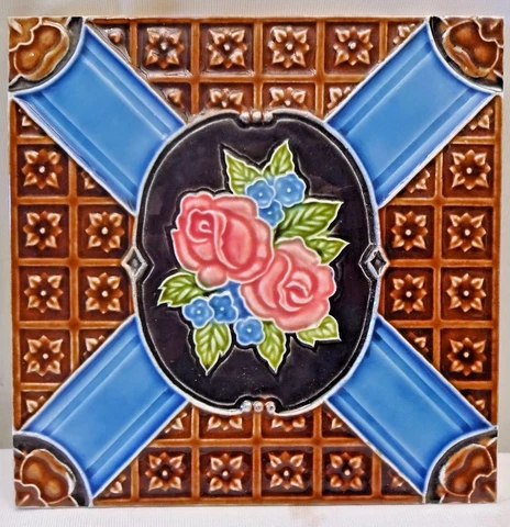 Antique Tile Majolica Art Nouveau DK Japan Ceramic Floral Motif Rose Pink Decora Cover