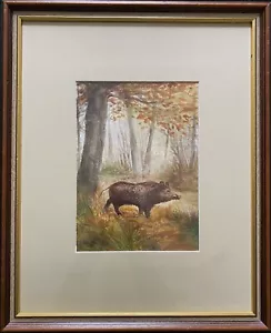 ADORABLE PINTURA ACUARELA PAISAJE BOSQUE OTOÑO JABALÍ FRANCÉS SIGLO XX - Imagen 1 de 11
