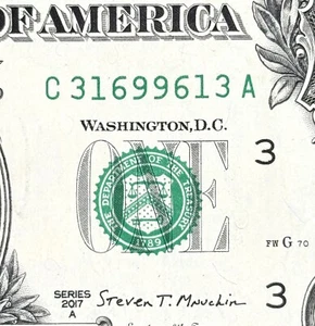 Palíndromo Radar Eco Dollar Elegante Número de Serie C 31699613 Serie A 2017A - Imagen 1 de 3