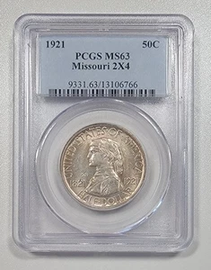 1921 Missouri Commemorative Half Dollar 50C, Rare 2x4 Variety, PCGS MS 63 - Picture 1 of 9
