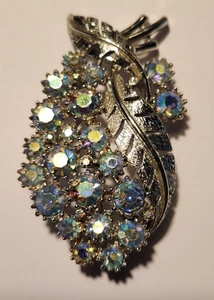 Broche Coro Vintage Plata Azul Aurora Boreal Estrás Pin Textura Hoja - Imagen 1 de 14