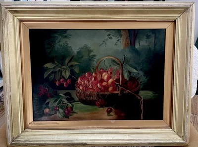 Antigua pintura al óleo sobre lienzo de cerezas de frutas bodegones Winsor & Newton 19c Foto 1 de 4