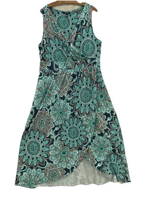Lands End Babydoll Dress Sz 1X V-Neck Leg Split Faux Wrap Teal Floral Artsy Prep - Image 1 of 4