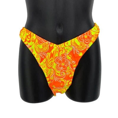 复古 90 年代 Venus Hi Cut 比基尼底部 M 码 + 匹配沙龙黄色橙色花卉 — 第 1/3 张图片