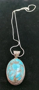 925 Turquoise Stone Oval Pendant W/20" 925 Snake Chain Pendant Is 1.5"X1" W/.5" - Picture 1 of 4