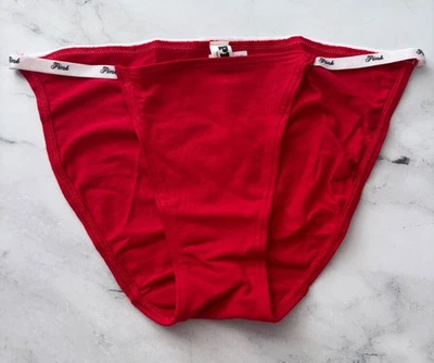 PINK Victoria's Secret String Bikini Panty Nwt Red w/ Logo Band Cotton Blend - Image 1 of 3