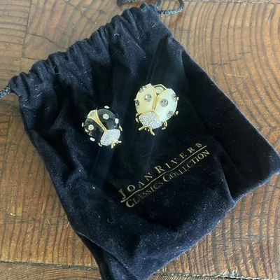 Set of TWO Joan Rivers Ladybug Pins Black Cream Gold Enamel Rhinestone Brooches - Image 1 of 4