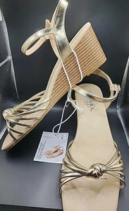 Serra Damenmode Keilabsatz NEU Gold Metallic Riemchen Drehknoten Knöchelriemen Gr. 8 - Bild 1 von 14