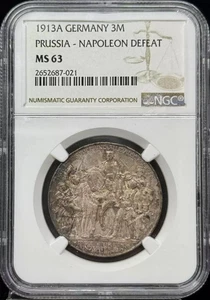 1913 A GERMAN STATES Silver 3 MARK NGC MS-63 PRUSSIA - NAPOLEON DEFEAT - Picture 1 of 2