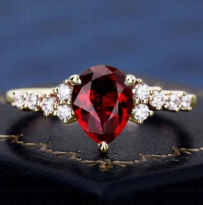 Pear Cut 4.40ct Natural Ruby & Diamond Wedding Shiny 18K Yellow Gold Plated Ring - Image 1 of 4
