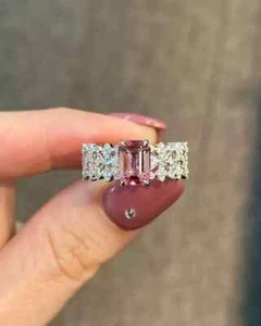 3.80 Ct Emerald Cut Natural Pink Tourmaline Diamond Wedding Ring 14K White Gold - Picture 1 of 6