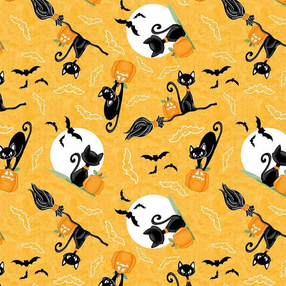 Tela naranja brillante Henry Glass Nights of Olde Salem Osased Cats por yarda Foto 1 de 1