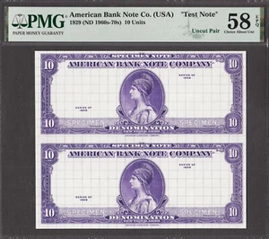 American Bank Note Company 10 Unidades NOTA DE PRUEBA SIN CORTAR 1960-70 Abt UNC PMG 58 EPQ - Imagen 1 de 2