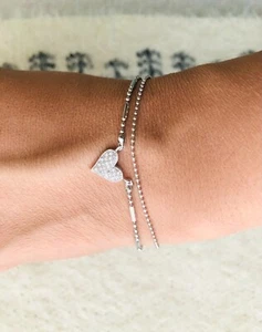 Bracciale Argento Cuore Doppio Strato Cubic Zirconia Placcato Oro Bianco 14K Regalo - Foto 1 di 6
