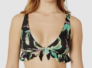 $190 Isabella Rose Women's Black Green Stretch Floral Bow Tie-Front Bikini Top S - Picture 1 of 1
