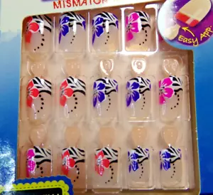 BROADWAY FOR KISS NAILS GLUE ON Short - Hibiscus Flower Pink Purple Coral - Picture 1 of 4