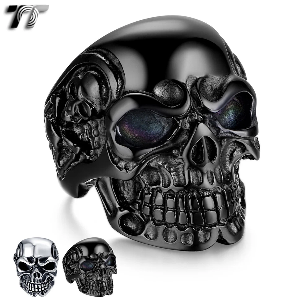 Anillo Calavera Acero Inoxidable Calidad TT 316L Plateado/Negro Talla 6-15 (RZ11) NUEVO Foto 1 de 1