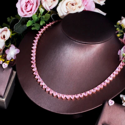 Precioso conjunto de joyas collar tenis corazón rosa enchapado en oro amarillo circonita cúbica Foto 1 de 4