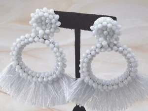 White Beaded Tassel Statement Earrings - Picture 1 of 4