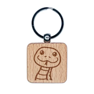 Peeking Snake Engraved Wood Square Keychain Tag Charm - Picture 1 of 6