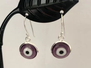 925 Sterling Silver Evil Eye Mati Nazar Drop Dangle Purple Earrings Glass Women - Picture 1 of 2