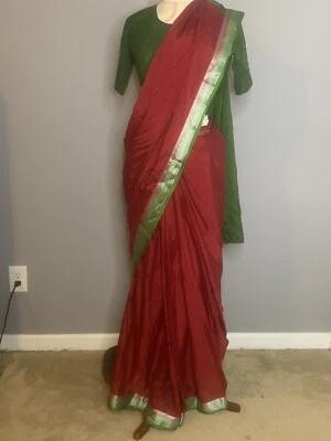 Handmade Silk Saree Red & Green With Gold Embroidery - Image 1 of 4
