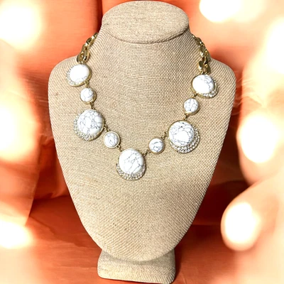 TALBOTS Gold Tone Faux White Stone & Crystal Statement Necklace T487 - Image 1 of 4