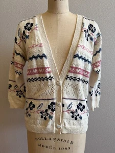 NWT Vtg Domani Girl's Cardigan Sweater Sz XL 16 Heart Buttons Floral 1980 Sm/Med - Picture 1 of 5