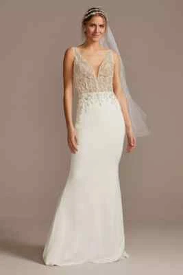 GALINA SIGNATURE Sheer Plunge Beaded Corset Crepe Wedding Dress STYLE# SWG865 - Image 1 of 4