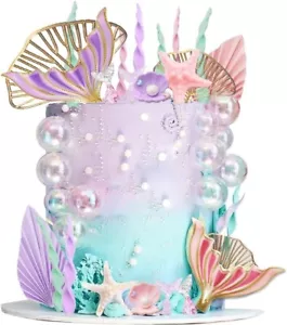 Mermaid Cake Topper Set 32 Pc Mermaid Tails Seaweed Bubbles Shells Ginkgo - Picture 1 of 6