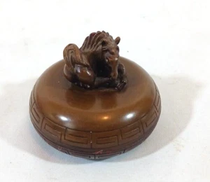 Vintage Chinese Carved Hardwood Horse Ink Paste Trinket Box Engraved Bat - Picture 1 of 7