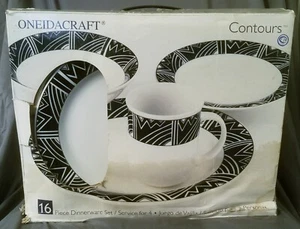 NEW 16PC ONEIDACRAFT CONTOURS DINNERWARE DISH SET BLACK GEOMETRIC PATTERN - Picture 1 of 11
