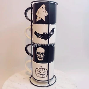 Black & White Halloween Icons Glazed Ceramic Stacking Mugs 12 oz EACH (Set of 4) - Picture 1 of 7