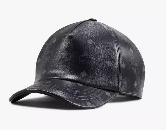 MCM Black Men's Monogram Faux Leather Adjustable Baseball Cap Hat One Size