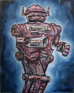 ARMED ROBOT 8x10 canvas Mech art oil painting retro original signed CROWELL US - Picture 1 of 8
