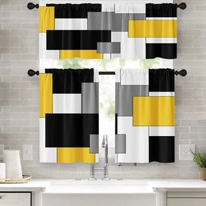 Yellow Kitchen Curtains Black Grey Window Valance And Tier Set 36 Inch White Mod - Picture 1 of 7