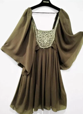 Vestido de cóctel Roberto Cavalli 40 alas de murciélago media manga cuentas joyas seda verde Foto 1 de 4