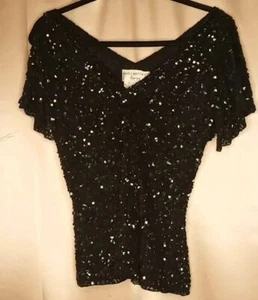 Blusa Papell Boutique negra de seda y lentejuelas mangas aleteador - M - Imagen 1 de 8