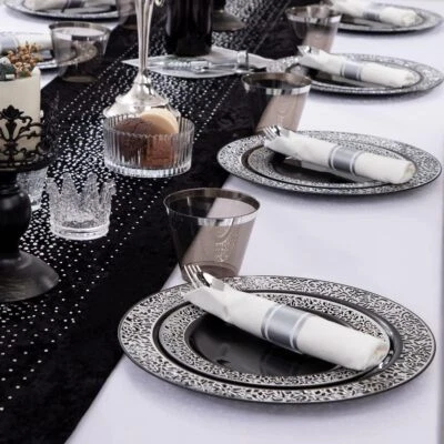 210PCS Silver Plate, Disposable with Plastic Silverware and Silver Cups - Image 1 of 4