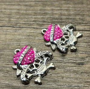 2 Ed Hardy “Love Kills Slowly” Silver Tone Pink Gems Heart and Skull Pendants - Picture 1 of 2