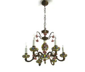 Italian Chandelier 6 arm Lights Ornate Brass Porcelain Flowers Exquisite WOW - Picture 1 of 9