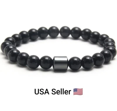 Charm Natural Stone Bracelet Hematite Bright Black 8mm Beaded Bracelets Handmade - Image 1 of 4