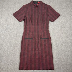 Hugo Boss Dress Womens 6 Red Black Tartan Plaid Wool Konele Sheath Back Zip - Picture 1 of 10