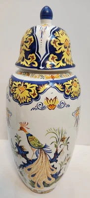 16" Porcelain Lidded Ginger Jar Vase — Blue/Yellow Peacock Floral — PRW Crown... - Image 1 of 4