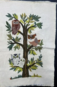 Vtg 1970s Erica Wilson Wool Crewel Embroidery Complete Owls Handmade 17x24 - Picture 1 of 8