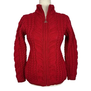 AranCrafts Ireland Sweater Women XS Red Merino Fisherman Cable Knit Cardigan - Picture 1 of 11
