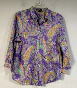 Camicia Lauren Ralph Lauren donna XL viola paisley manica 3/4 cotone con bottoni - Foto 1 di 5