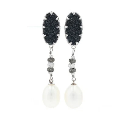 Sterling Nero Quarzo Drusa & Acque Dolci Perla Orecchini Pendenti - 925 con Foro - Immagine 1 di 4