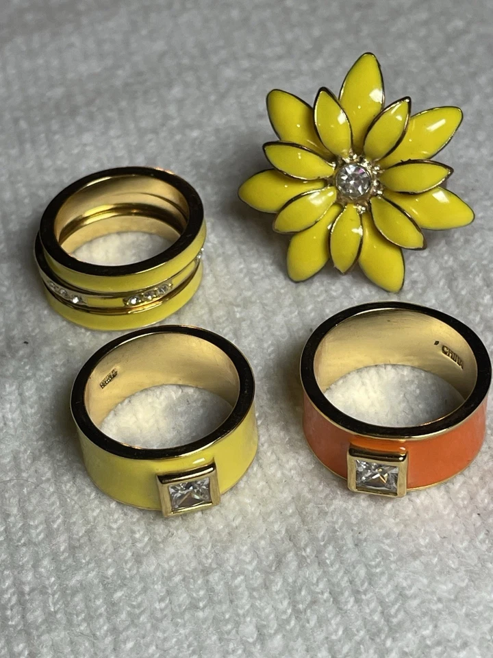 黄色和橙色珐琅 6 件套戒指套装。 花卉、宽带和可堆叠 — 第 1/4 张图片