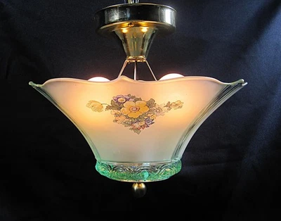 Antique Ceiling Mount Lancaster Glass Shade 3 Light Fixture Restored Lt Green - Image 1 of 4